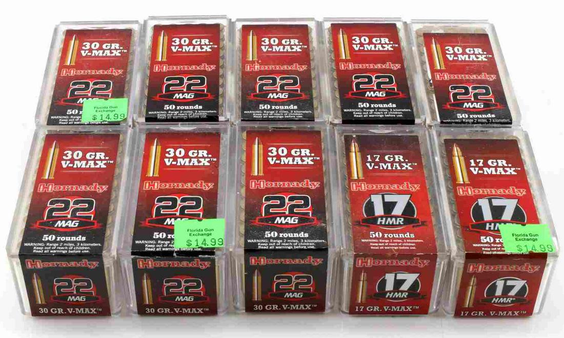 457 ROUNDS OF .17 HMR HORNADY V-MAX AMMUNITION: This lot includes 457 rounds of .17 HMR ammunition. This ammo is 17 gr. V-max, and is made by Hornady. Comes in 10 boxes.