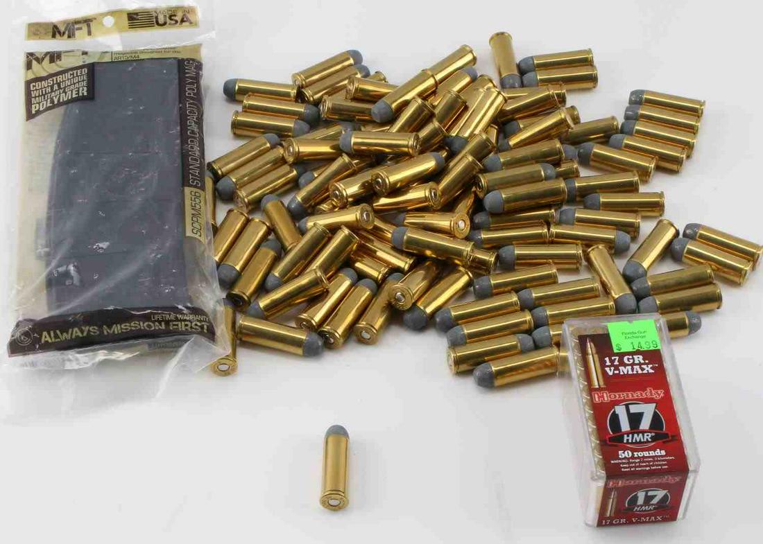 100 ROUNDS 45 COLT 50 17 HMR V MAX 556 30 MAGAZINE: 50 loose factory loaded .45 Colt rounds, Hornady 17 Grain V-Max 50 rounds, and MFT 30 round capacity new 5.56 magazine