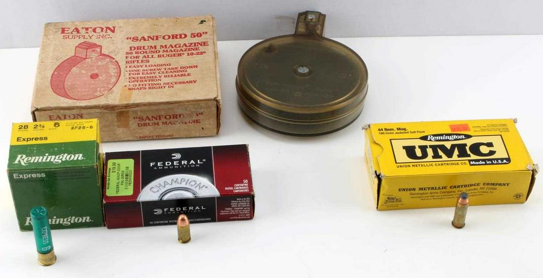 50 ROUNDS 44 REM 50 45 AUTO SANFORD 50 DRUM MAG.: Ruger 10-22 50 drum magazine, and 2 full boxes of ammo, 1 box of 28 gauge shot gun shells.