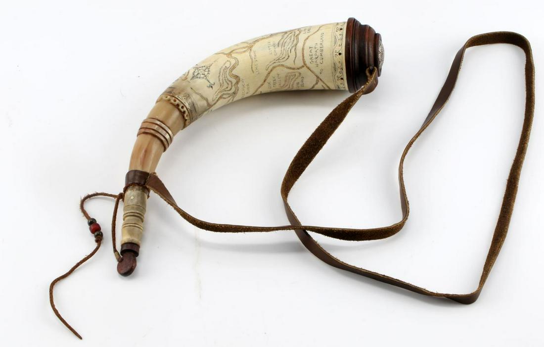 POWDER HORN SCRIMSHAW MAP OF NORTHEAST U.S.: Sterling accouterment, nice map art work, super quality reinactor powder horn, measures along the curve 16 inches.