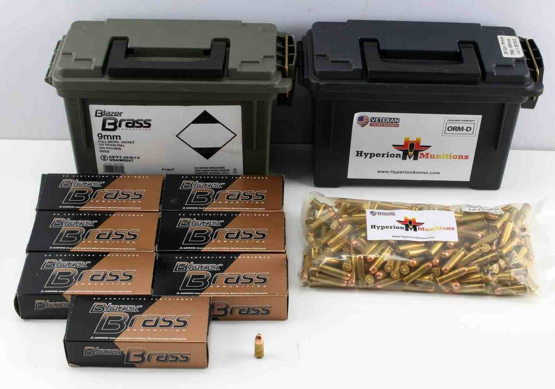 250 RDS .38 SPL & 350 RDS 9MM FMJ HANDGUN AMMO: Lot includes 250 rounds of .38 special 158 grain, and 350 rounds of 9mm Luger 115 grain full metal jacket. 9mm rounds are manufactured by Blazer Brass and are contained within seven 50 count boxes wit