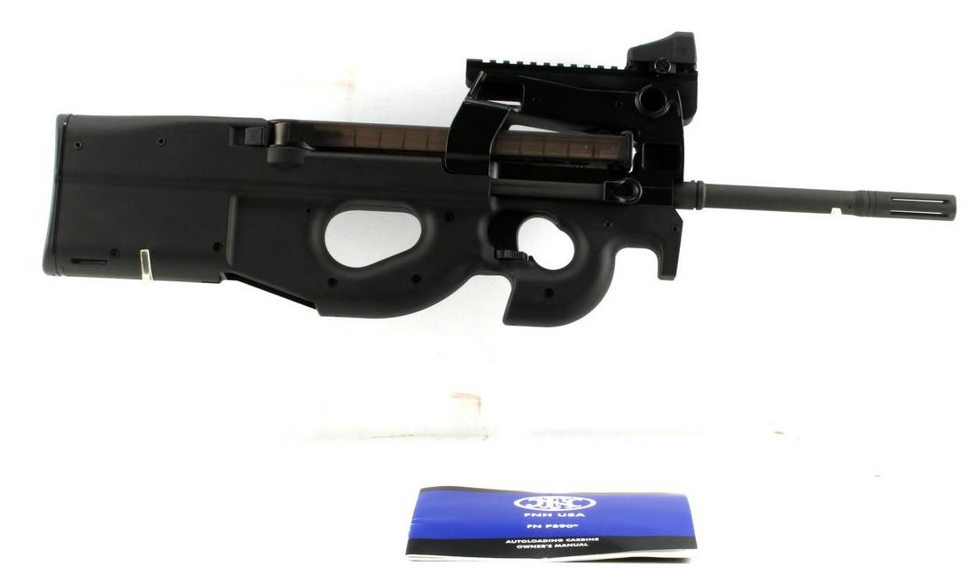 FN HERSTAL BELGIUM PS90 SEMI AUTO CARBINE 5.7 X 28: Steel and polymer construction, maker, serial number, model, and caliber marked to left side, railing and Vortex Venom red dot sight at top. 16 inch barrel with muzzle break and bright clean bore. 50-