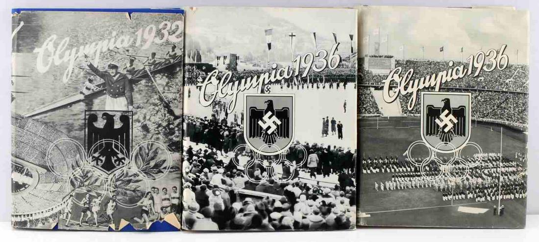 3 GERMAN WWII OLYMPIC GAMES TOBACCO CARD ALBUM LOT: Lot of THREE (3) includes: one (1) 1932 Olympic games album, and two (2) 1936 Olympic games album. This lot is in good condition with minor defects to wrappers. All are intact with complete card sets.