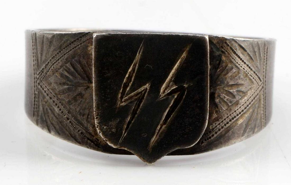 WWII GERMAN THIRD REICH SS RUNES RING SIZE 11.5: Test for at least .800 silver but not marked, stylized SS runes signet.