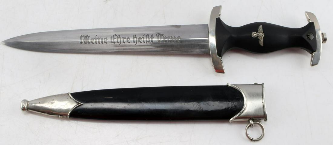 WWII GERMAN THIRD REICH SS SMF MARK II DAGGER: Very good original condition SMF Solingen stamped blade. some light non detracting denting to scabbard, 99% original paint, Dresden Mark II.