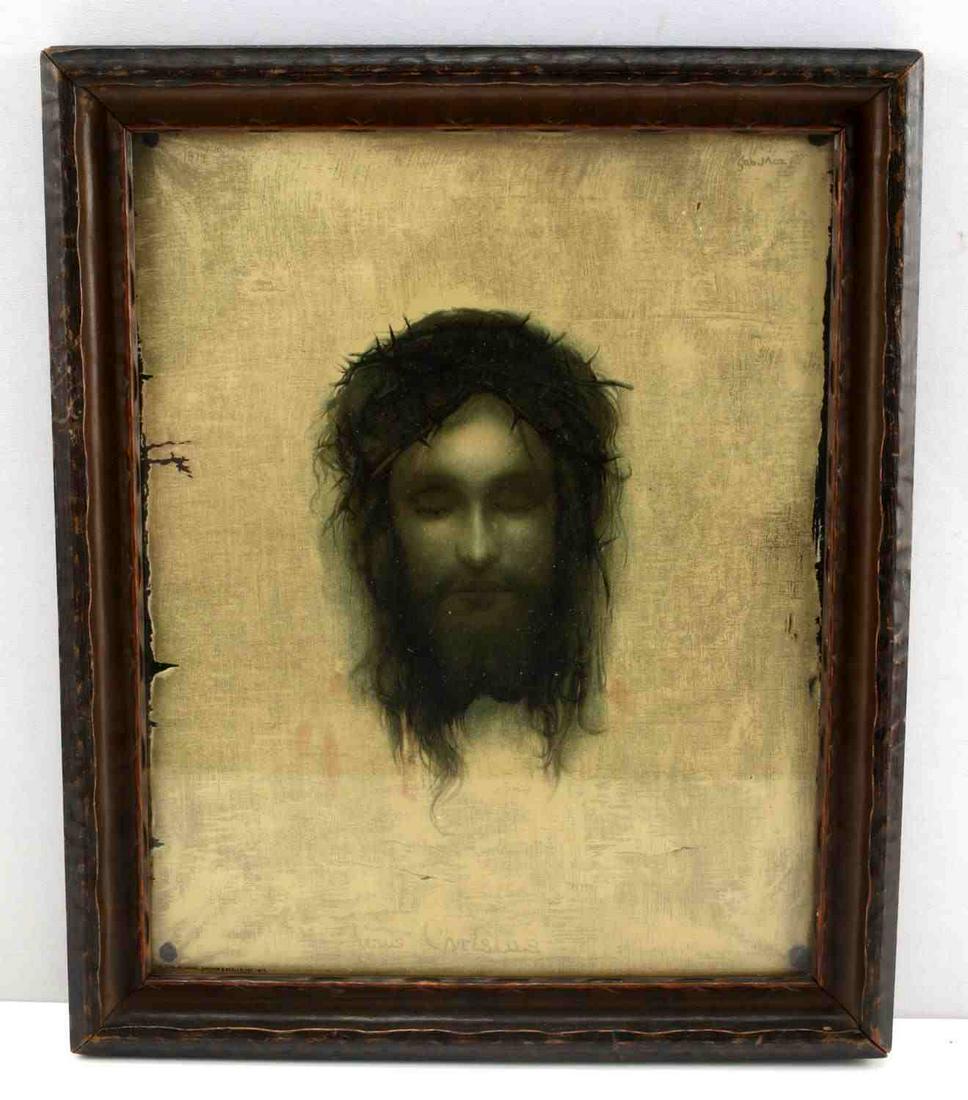 VINTAGE JESUS CHRISTUS CATHOLIC PRINT: Vintage print of Jesus Christus "St. Veronica's Handkerchief " by Gabriel Max, by Close, Graham and Scully Inc., framed measuring 12 1/2 x 10 inches.