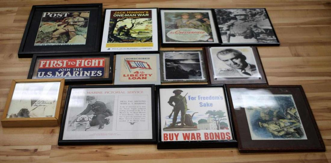 WWI II MIXED LOT OF WAR BOND PRINTS & PHOTOS: War Bonds poster, cigarette ad, US Marines ad, Post, Jack Hinson's One-Man War poster, glass frame of Niagra Falls (broken glass), signed photo of James Stewart, and more. All ads are reprints. Good c