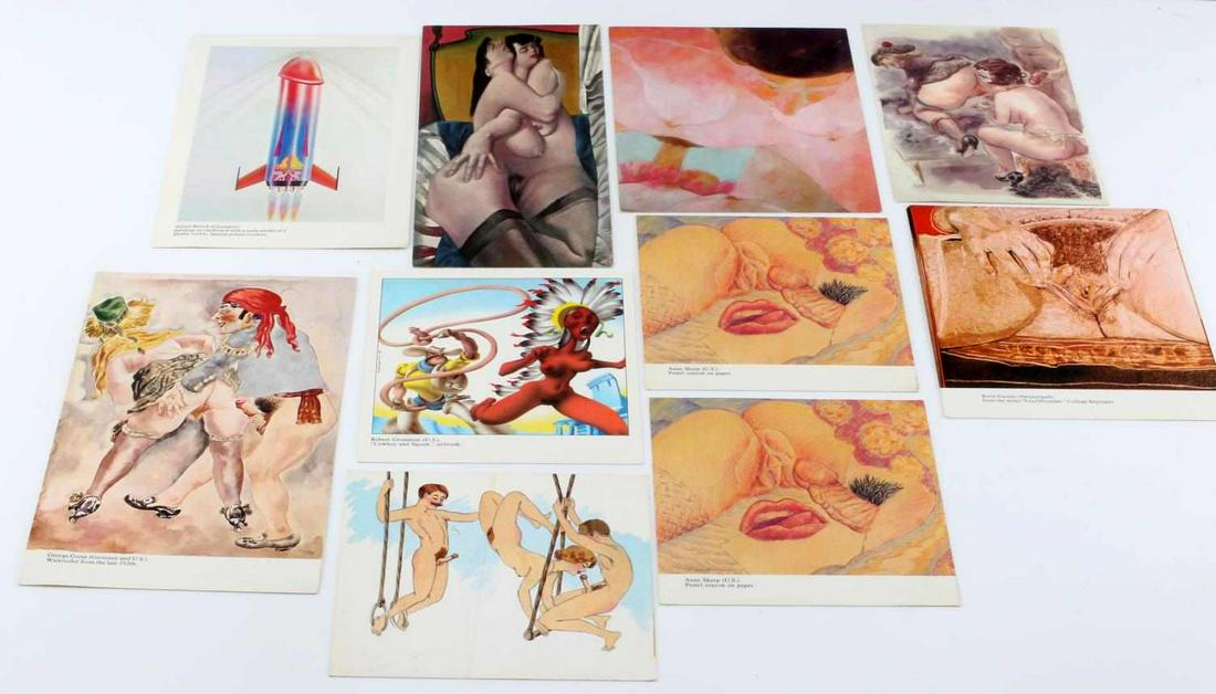 INTERNATIONAL MUSEUM OF EROTIC ART SET OF 10 CARDS: Erotic artwork featuring interpretations of various sexual organs, positions, sexual orientations, and monogamous/non-monogamous practices. Each card is in very good condition, and some feature the or