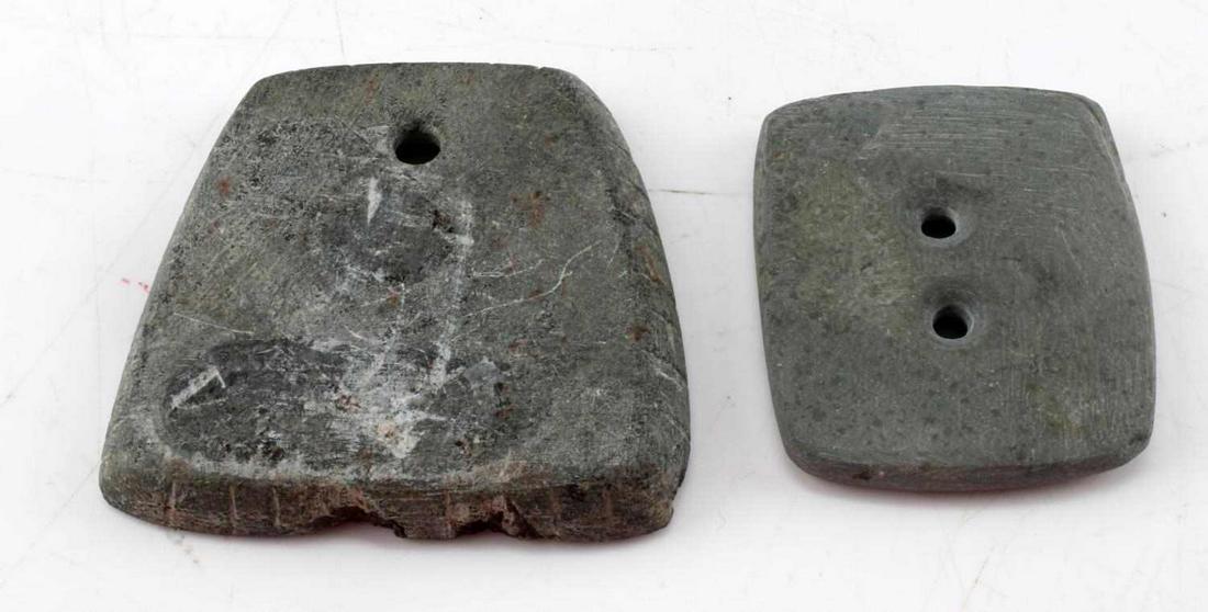NATIVE AMERICAN WOODLAND STONE GORGET LOT OF 2: Lot of 2 Native American carved stone gorgets from the Ohio River valley area. Larger bevelled gorget features on suspension hole at the top center, measures 2.75 inches by 2.50 inches. This piece has