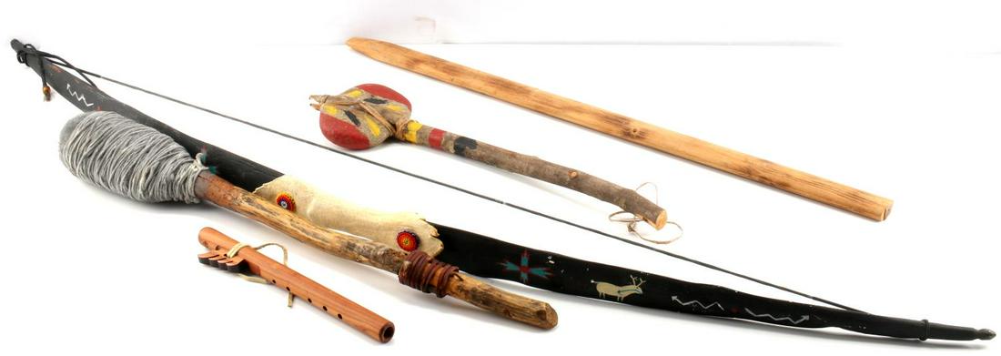 INDIAN NATIVE AMERICAN COLLECTIBLES DECOR & BOW: Painted stone Native American tomahawk measuring 16 inches long featuring sinew wrist wrap and stone head measuring about 4 1/4 inches wide which is fastened by multiple bands of sinew. Also includes