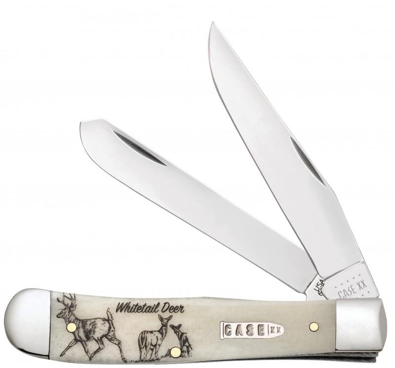 TRAPPER WHITETAIL DEER 6254 SPORTSMAN CASE KNIFE: TRAPPER WHITETAIL DEER 6254 SS • Clip and Spey Blades Knife measures 4 ? in (10.5 cm)closed, 4.0 oz (113.4 g)Natural Bone Trapper with Tin. Stock photo used. New and in clear vacuum sealed shrink wr