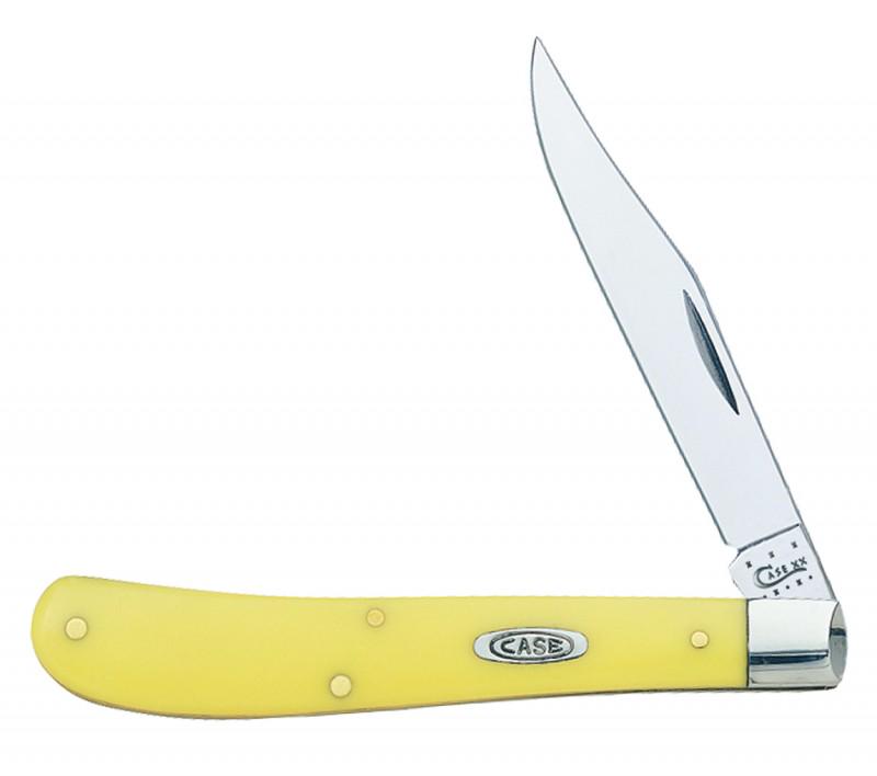 CASE YELLOW SYNTHETIC SLIMLINE TRAPPER 80031: Clip Blade 4 ? in (10.5 cm) closed, 2.3 oz (65.2 g). The distinctive yellow handle brightens this knife while maintaining its toughness, making it one of the most beloved in the Case line. This lot ha