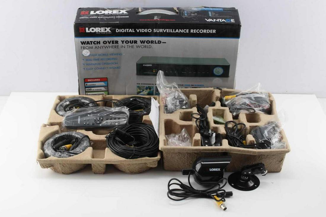 LOREX HOME SECURITY CAMERA SYSTEM UNUSED IN BOX: Lorex Technologies home security system contains 8channel DVR with 500GB of storage for operating and recording, 4 high resolution cameras with infrared night vision, all connecting and power cables a