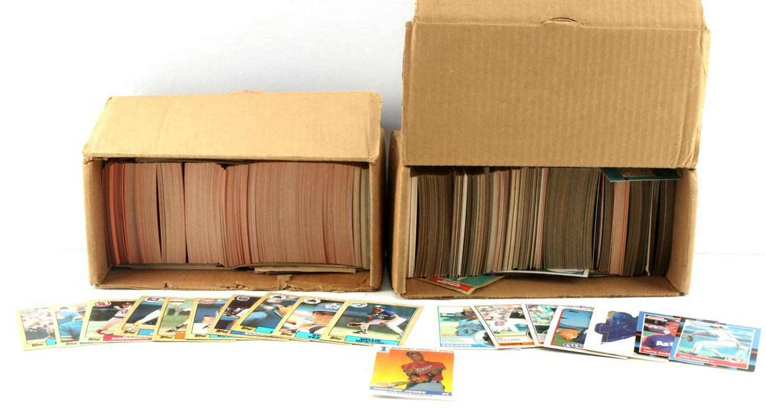TOPPS AND DONRUSS LARGE LOT OF BASEBALL CARDS: Mostly unsearched, includes Topps and Donruss brand trading cards. Very good condition overall. Contains representations of superstars from years gone by. Bo Jackson, Fernando Valenzuela, Carl Yastrze