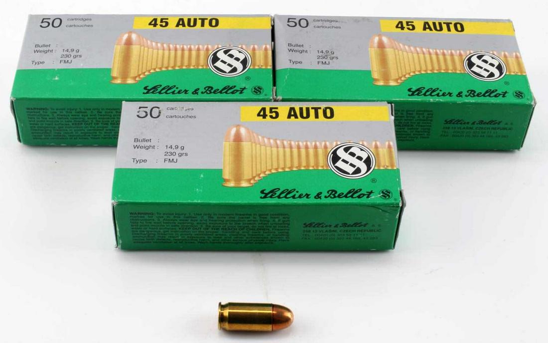 150 ROUNDS LELLIER BELLIT 45 AUTO FMJ AMMO: 150 Rounds of Lellier and Bellit 45 Auto 230 GRS Full Metal Jacket. Boxes are new and unopened. Made in the Czech Republic.