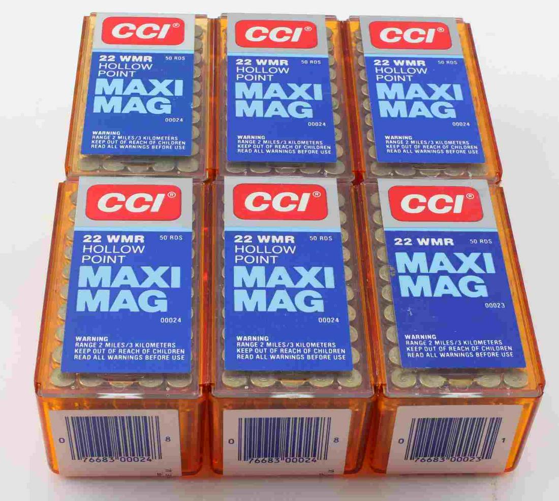 300 ROUNDS CCI .22 WMR HOLLOW POINT AMMUNITION: This lot contains 6 boxes of 50 rounds for a total of 300 rounds of CCI .22 WMR Hollow Point Maxi Mag ammunition. High velocity, non-corrosive priming.