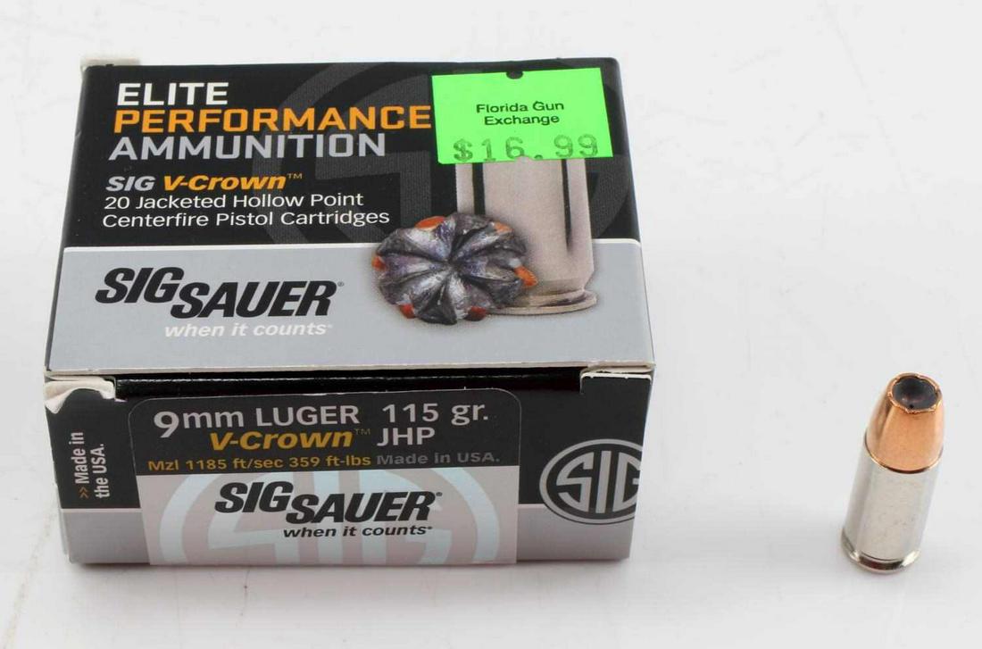 20 ROUNDS OF SIG SAUER V CROWN 9MM LUGER AMMO: This lot contains one box of 20 rounds of Sig Sauer Elite Performance, V-Crown, Jacketed Hollow Point, 115 Grain ammunition.