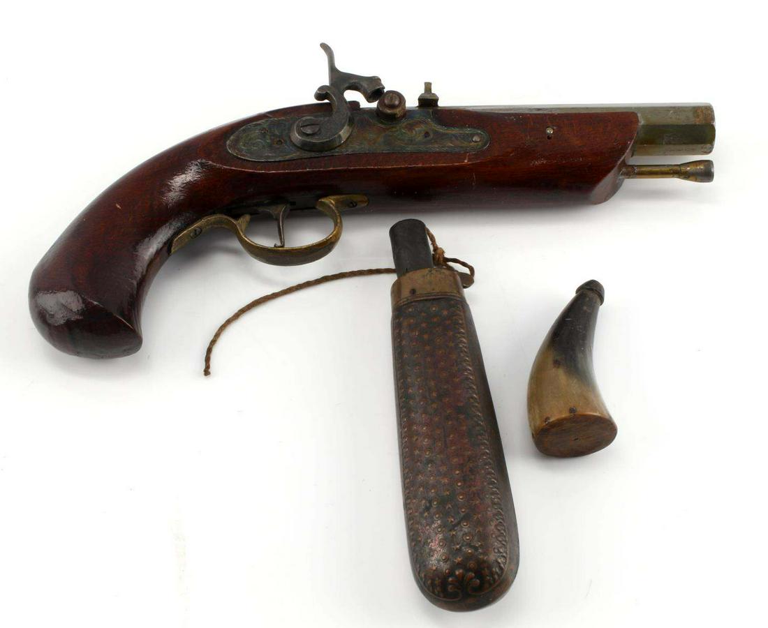 JUKAR SPAIN 45 CALIBER PERCUSSION PISTOL: Minus nipple, has 2 antique powder measures, mechanism is functioning.