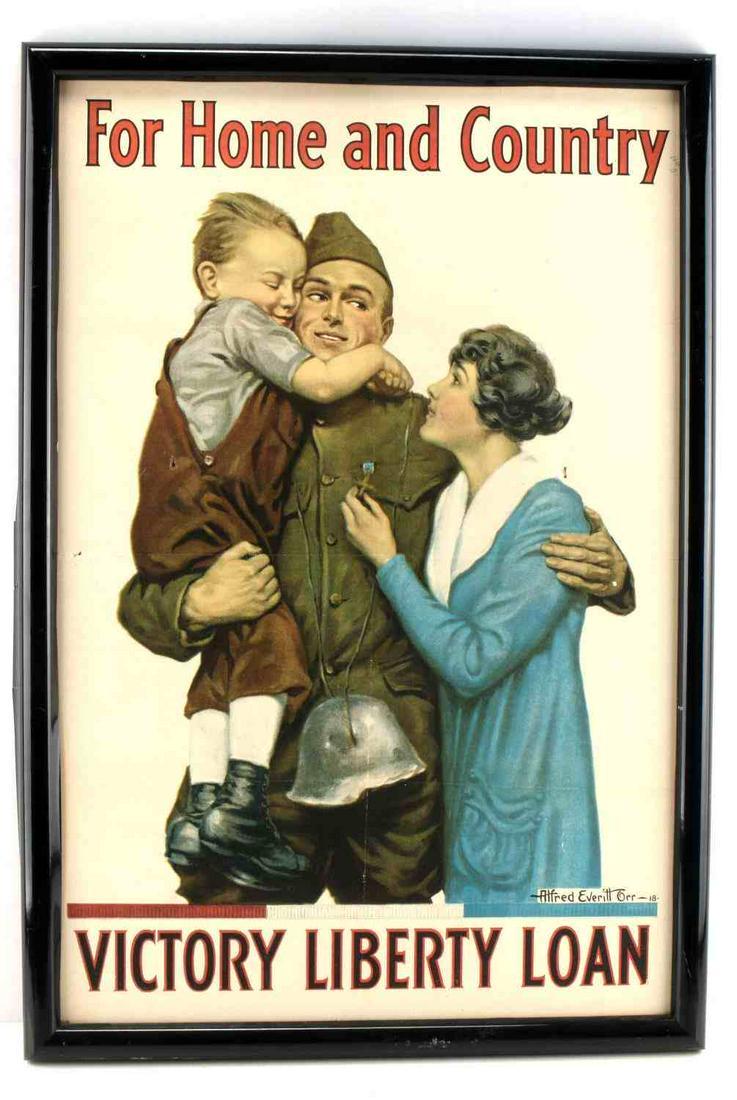 WWI US MILITARY POSTER BY ORR FOR HOME & COUNTRY: WWI home front military poster first designed in 1918 by Alfred Everitt Orr measuring 20 inches by 30 inches. Printed by the American Lithographic Company for the Victory Liberty Loan. This framed pri