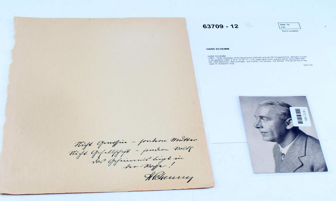 WWII GERMAN HANS SCHEMM PHOTO AND SIGNATURE: Re-printed postcard of Hans Schemm with a page taken from a guest album with note and his signature at bottom. Unauthenticated, sold as is.