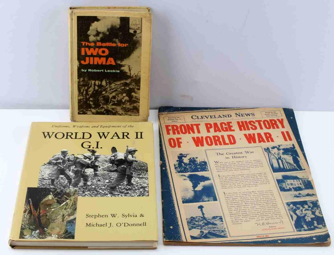 VARIOUS WWII BOOK AND MAGAZINE LOT OF THREE: Lot includes "Front Page History of WWII" highlights and articles by Cleveland News, "The Battle for Iwo Jima" hard cover book by Robert Leckie (1967), and "Uniforms, Weapons and Equipment of the Worl