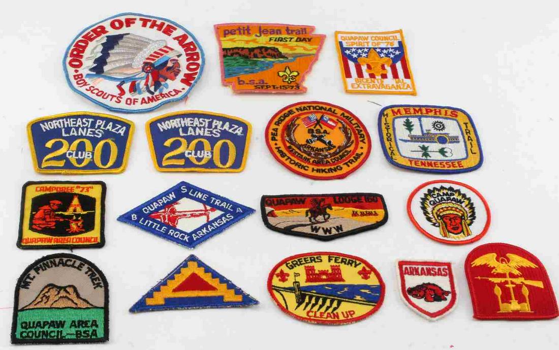 LOT OF BOY SCOUTS GIRL SCOUTS TRAIL PATCHES BSA: 16 patches total: Naval Amphibious patch, many Quapaw scout patches, Greers Ferry Clean Up, Petit jean Trail BSA, Memphis Historic Trail, Pea Ridge Nat'l Military Historic Hiking Trail and others. See