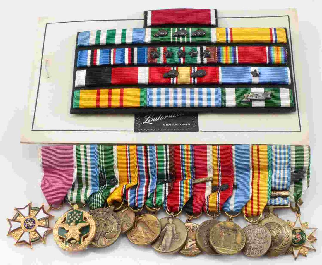 VIETNAM ERA MINI MEDAL CHEST PIN W RANK BARS: 13 mini medal screw-back pin and one 5-rank bar with screw-back pins. Some medals include: Legion of Merit, American Campaign, Korean service, United Nations pin, Vietnam medal and more, measures 5 in