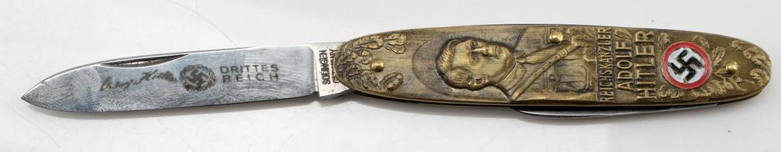 WWII GERMAN 1933 ELECTIONS HITLER POCKET KNIFE: WWII German 1933 Elections Adolf Hitler pocket knife. Measures 3.5 inches closed, with one larger blade measuring 2.5 inches, and a smaller blade measuring 1.5 inches. Larger blade has inscription of 