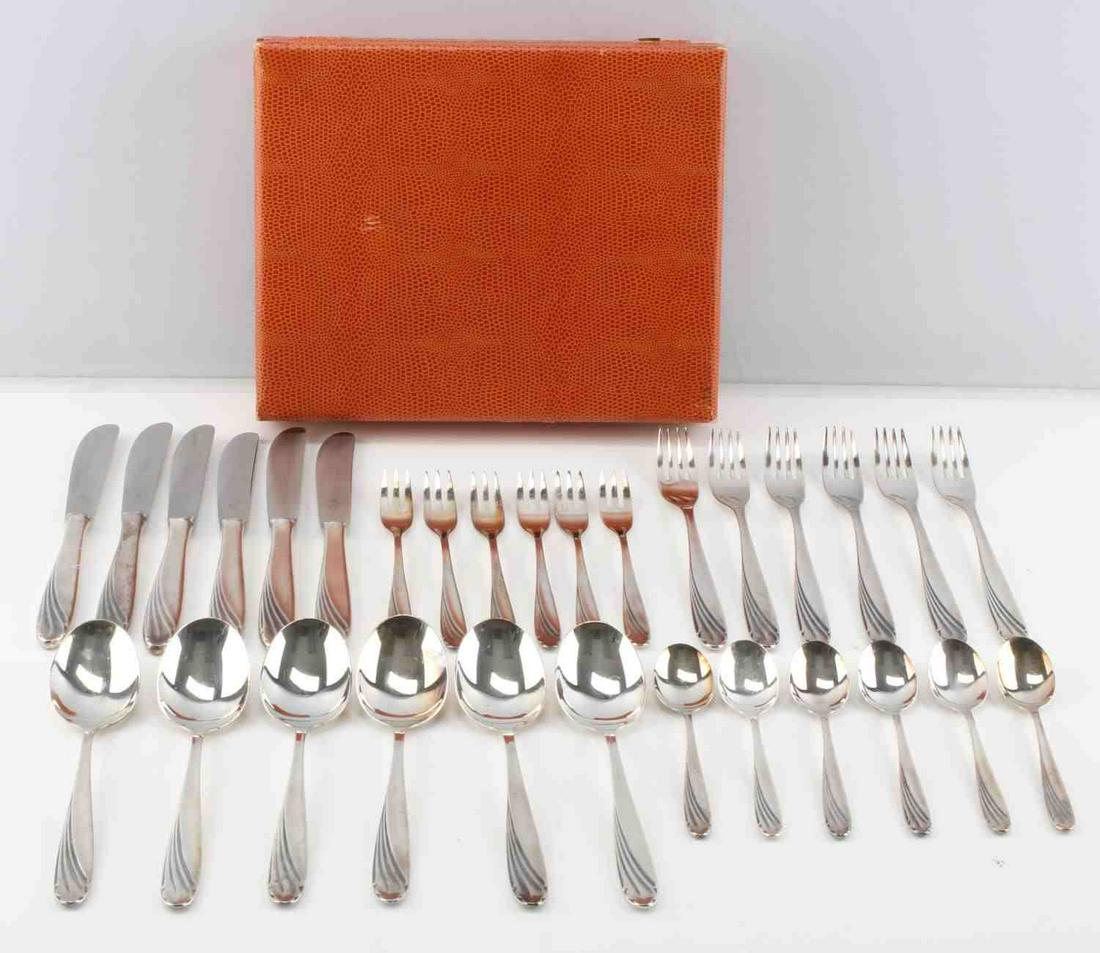 WWII GERMAN 3RD REICH TABLEWARE SET OF 30 IN BOX: WWII German Third Reich Tableware set for 6 in original box. Consist of 30 items. Inside orange crocodile skin style box with satin style lining. Most pieces feature makers mark "WMF". Box measures 8.