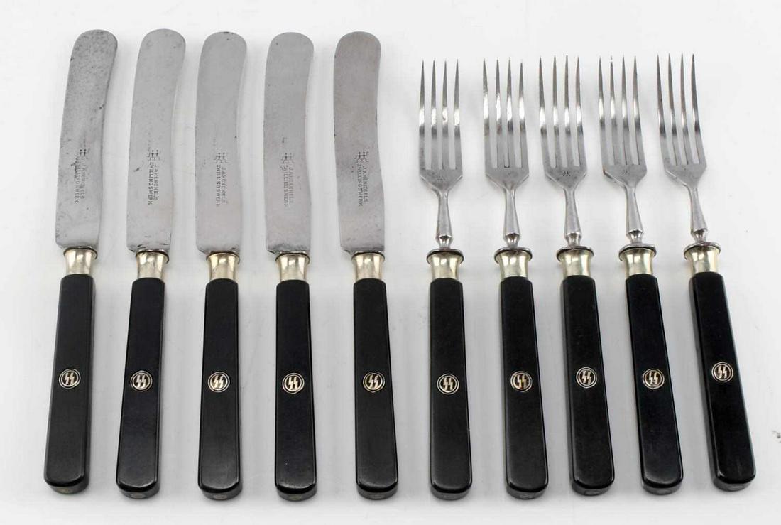 WWII GERMAN 3RD REICH SS TABLEWARE 10 PIECES: Group of 10 pieces of German tableware from a Waffen SS officer's canteen. Set for 5 people: includes 5 forks and 5 Knives. Knives measure 8 inches long and forks measure 7.5 inches. Handles of knives