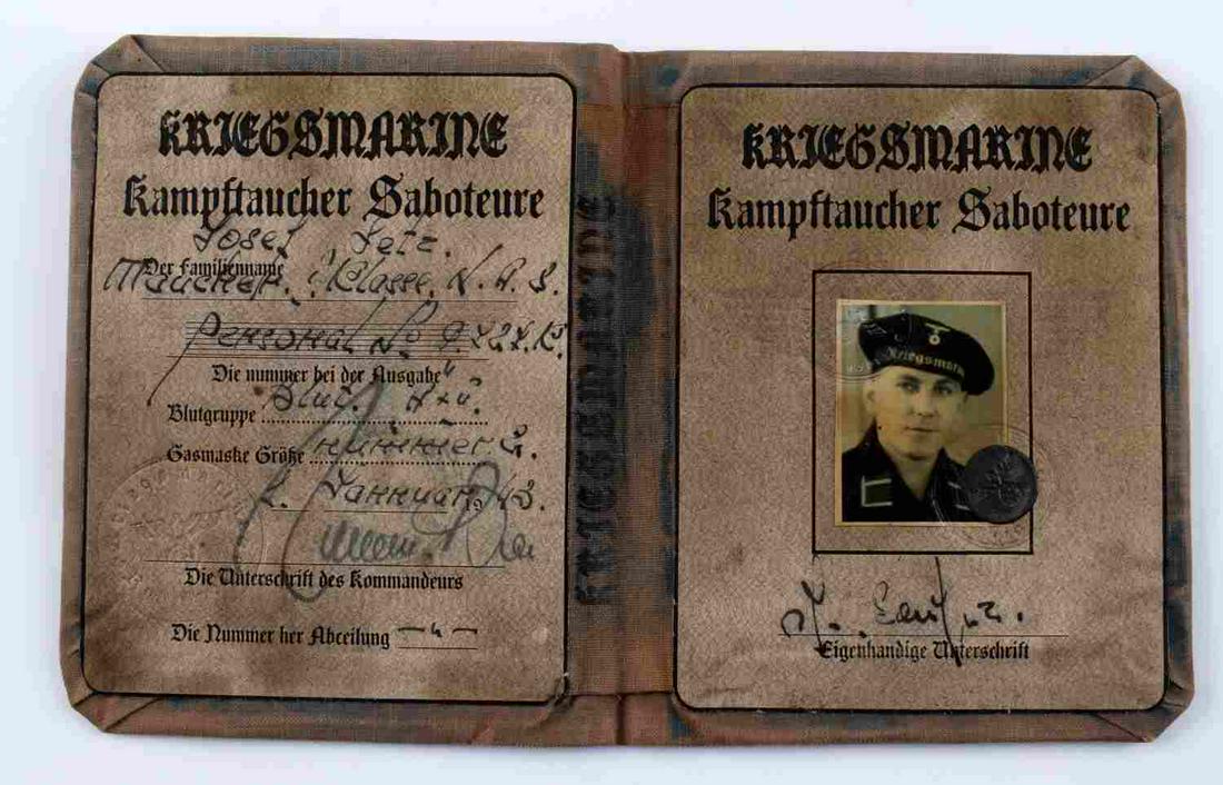 WWII GERMAN DEEP SEA DIVER IDENTIFICATION BOOK: WWII German Naval Kriegsmarine Deep Sea Diver Identification Book. Measures 3 15/16” wide by 5” tall. It measures 7 15/16” wide open. The front cover reads ’Kriegsmarine kampstaucer Saboteure�