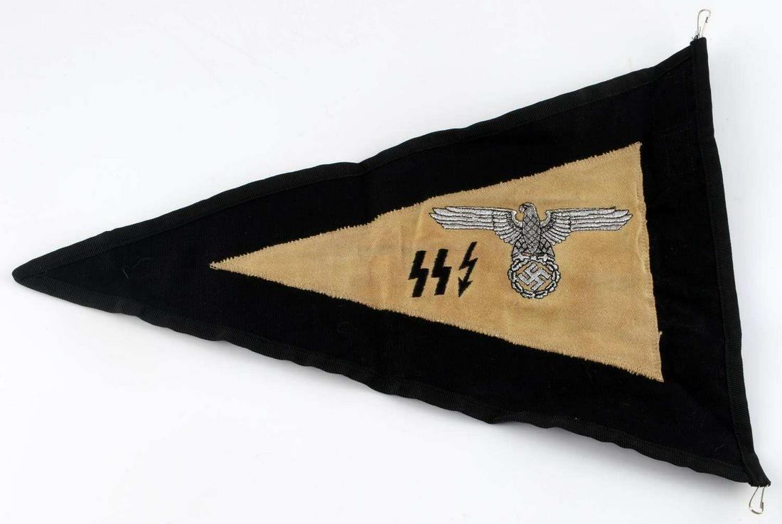 WWII GERMAN 3RD REICH SS SIGNAL OFFICERS PENNANT: German WWII Waffen SS Signal Officers Vehicle Staff Car Pennant. Measures 14 15/16” wide by 10 5/8” tall. The front and the back side shows a Waffen SS bullionflat wire eagle clutching a swastika 