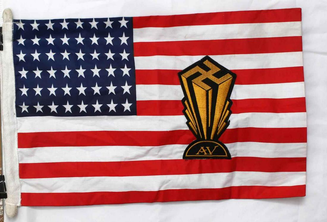 WWII GERMAN THIRD REICH US SWASTIKA BANNER FLAG: German American Bund World War II US / Swastika Banner Flag. Very good condition. Measures 16 1/2 inches wide by 10 1/2 inches tall. Shows an American 48 star flag with two separate offset swastika pa