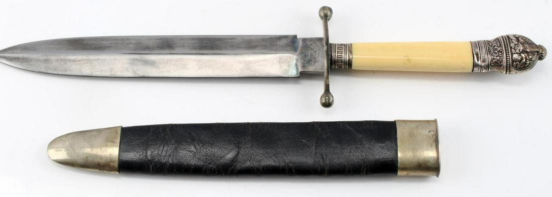 CIVIL WAR CONFEDERATE ENGLISH COMBAT BOWIE KNIFE: This lot contains a Civil War Confederate Era English Combat Bowie Knife and Scabbard. Measures 16 and 13/16th inches long overall. The double edged steel blade is maker marked "Thos Short Jr Sheffiel