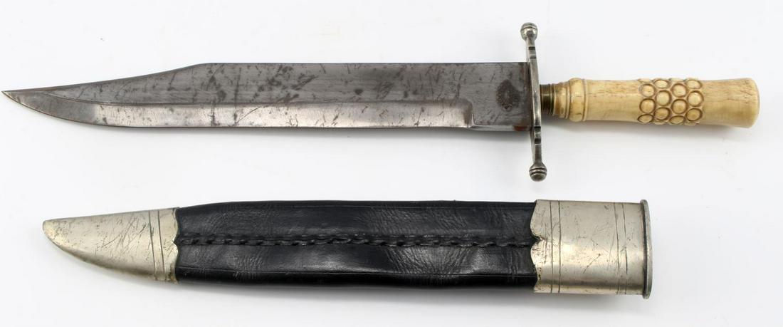 CONFEDERATE CIVIL WAR ERA PALMETTO BOWIE KNIFE: Confederate Civil War Palmetto Armory Combat Bowie Knife & Scabbard. Measures 16 1/8Â” long overall. The double edged steel spear point blade is maker marked Â‘Palmetto Armory 1861Â’ on one s