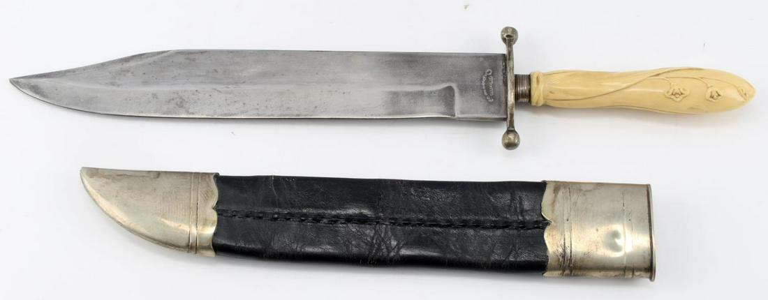 CONFEDERATE CIVIL WAR ERA COMBAT BOWIE KNIFE: Confederate Civil War Era English Combat Bowie Knife & Scabbard. Measures 16 13/16” long overall. The double edged steel spear point blade is maker marked ‘Wm Gregory & Sons Sheffield’. It measu