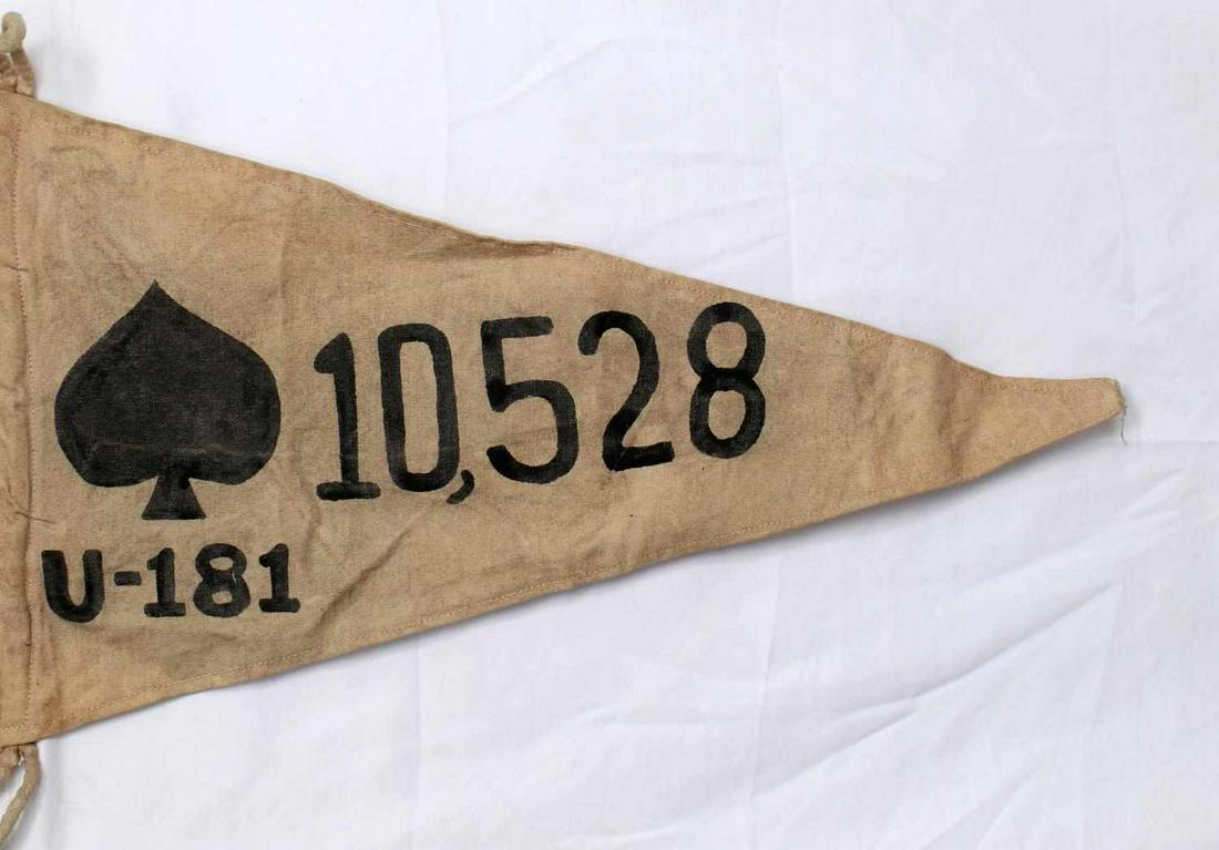 WWII GERMAN THIRD REICH SUBMARINE KILL PENNANTS: WWII German third reich Kriegsmarine submarine kill pennant measuring 23 5/8 inches wide by 14 inches tall. Has two rope loops for attaching to a pole, single sided. Unauthenticated, sold as is