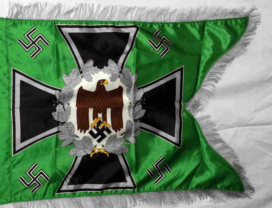 WWII GERMAN THIRD REICH PANZER GRENADIER BANNER: WWII German third reich panzer grenadier swallow tail standarte flag measuring 27 3/4 inches wide by 35 inches tall both including the fringes. Features an iron cross with a German eagle at its center