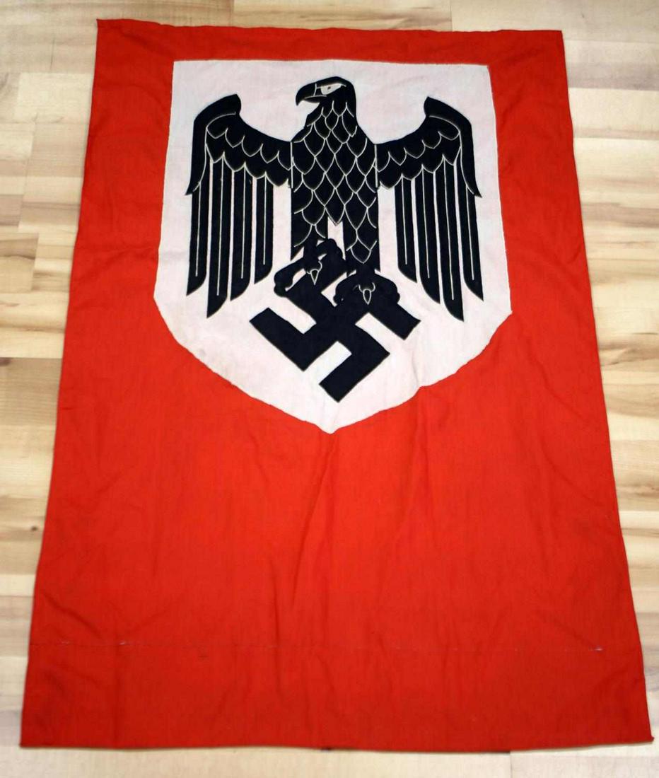 WWII GERMAN THIRD REICH HEER PODIUM BANNER FLAG: WII German third reich heer eagle & swastika podium banner flag. Measures 24 1/2 inches wide by 41 3/8 inches tall. Single sided multi-piece machine embroidered. Unauthenticated, sold as is.
