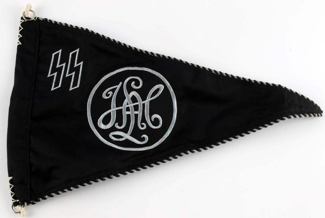 GERMAN WWII WAFFEN SS HITLER LAH STAFF CAR PENNANT: Measures 14 1/2” wide by 8 3/4” tall. Has the machine embroidered ‘LAH’ cypher in the center with a pair of Waffen SS runics on the upper corner in grey thread. The reinforcement cotton buntin