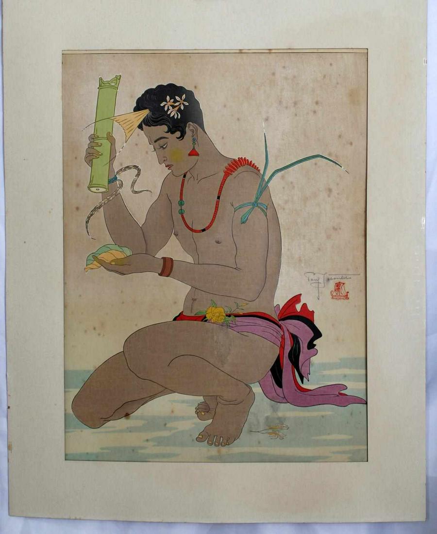 PAUL JACOULET VINTAGE FRENCH WOODBLOCK PRINT: Jacoulet, Paul (French, 1896/1902-1960). "Le Betel Yap". 1936. Woodblock in colors on PJ watermarked paper. Edition 317 of 350. Background of applied silver mica. Carver and printer cartouches, right 