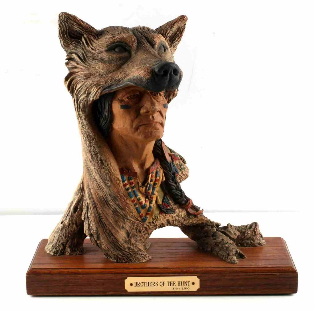 NATIVE AMERICAN INDIAN WARRIOR SCULPTURE HERRERO: Sculpture of Native American Indian warrior made by Stephen Herrero in 1992, the sculpture has a wooden base which has a plaque that titles the sculpture "BROTHERS OF THE HUNT". The base measures 12 b