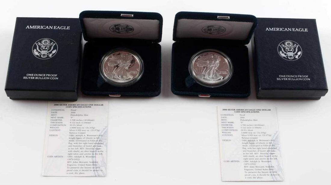 2000 P PROOF SILVER AMERICAN EAGLE COIN LOT OF 2: Lot includes two 1oz. 2000-P Proof Silver Eagles in original government packaging with COA as issued by US Mint.