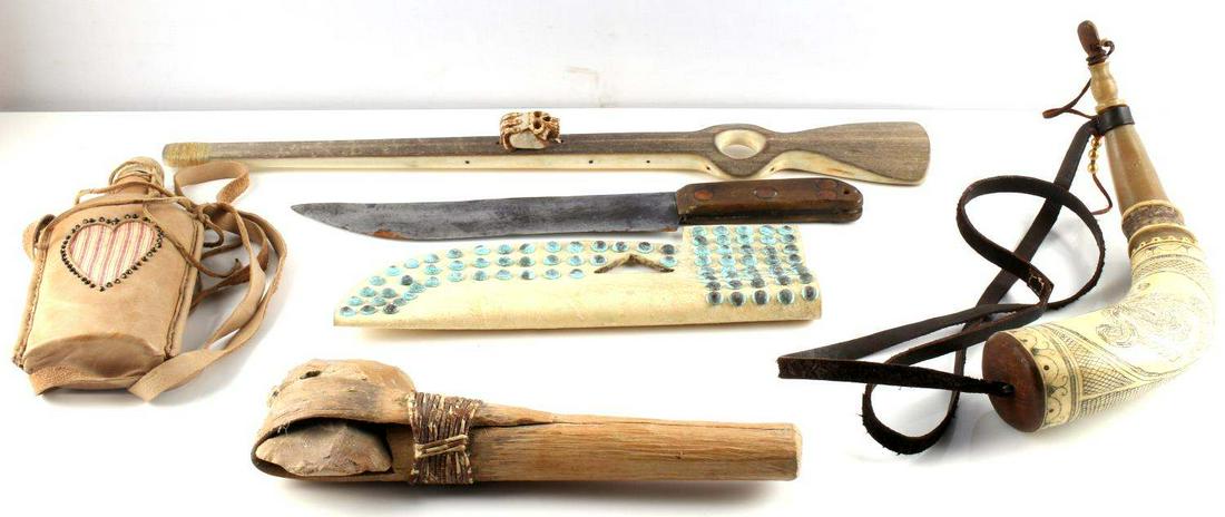 NATIVE AMERICAN MOUNTAIN MAN REENACTOR TOOLS: All handmade homages to the American Pioneer and the Native American culture, Scrimshawed powderhorn measures 18 inches along the curve Bowie knife with hide sheath, total length 16 inches, blade 10 i
