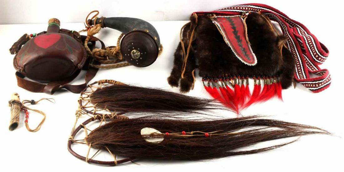 AMERICAN PIONEER NATIVE INDIAN REENACTOR LOT: Diverse lot includes: powder horn (13 inch length along the curve), nicely tooled and dyed leather covered glass canteen with otter paws and antler cork, horsehair dream weaver, scrimshawed antler fet
