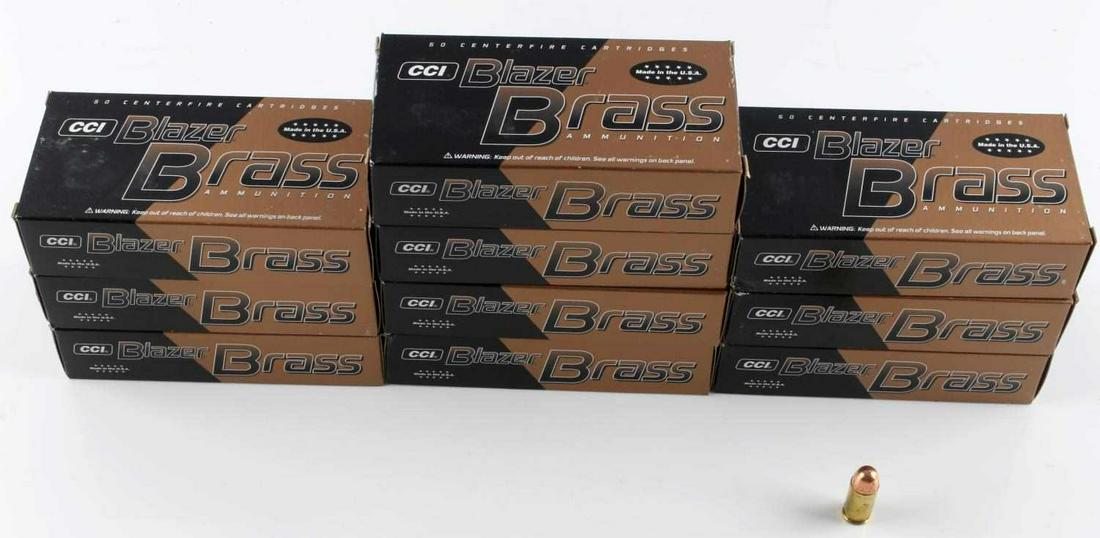 500 ROUNDS OF CCI BLAZER BRASS 45 AUTO 230 GR AMMO: This lot contains ten (10) boxes of fifty (50) rounds for a total of 500 rounds of CCI Blazer Brass 45 Auto 230 Grain FMJ ammunition. Blazer Brass 45 ACP is loaded with a protected-base FMJ bullet, 23