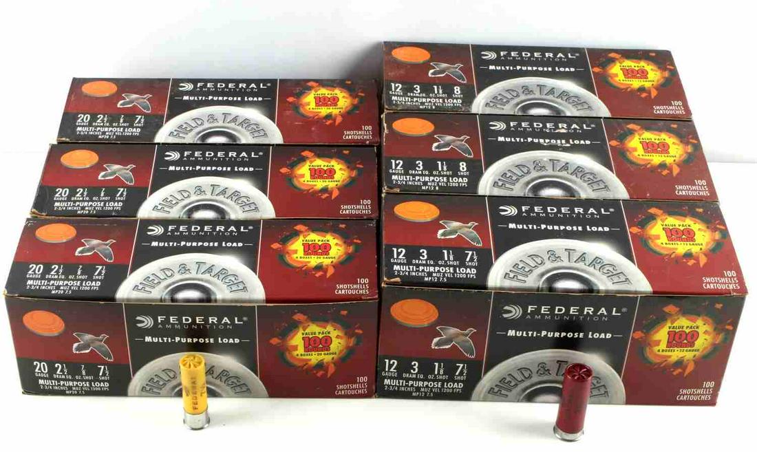 600 FEDERAL FIELD AND TARGET 12 GUAGE SHOTSHELLS: Lot of 6 - 100 Round boxes of Federal Ammunition Multi- Purpose load Field and Target shotshells (total 600 Shells). 7 1/2 Shot, 1 1/8 oz, 3 DRAM. Overall, very good condition.