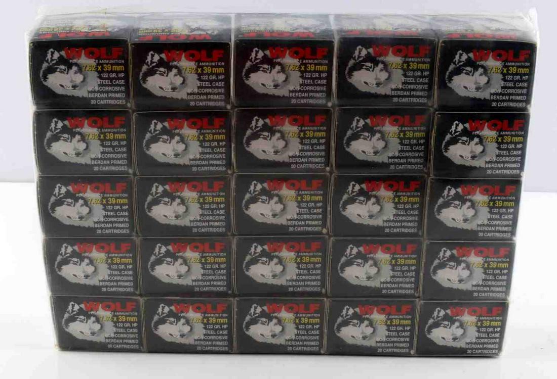 500 ROUNDS OF 7.62 x 39MM 122G HP AMMO LOT: Lot includes 25 individual boxes of 7.62x39mm ammo, each box contains 20 individual rounds for a total of 500 rounds. Steel case, non corrosive, berdan primed, & manufactured by WOLF.