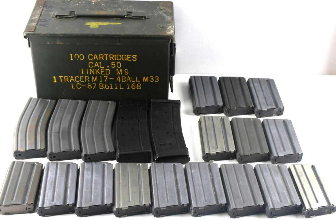 LOT OF 21 AR 15 MAGAZINES COLT AND OTHER 2 SIZES: Lot includes: 3 30-rd metal, 2 30-rd plastic, and 16 20-rd metal magazines. All the small ones are Colt brand. Comes in ammo can, measures