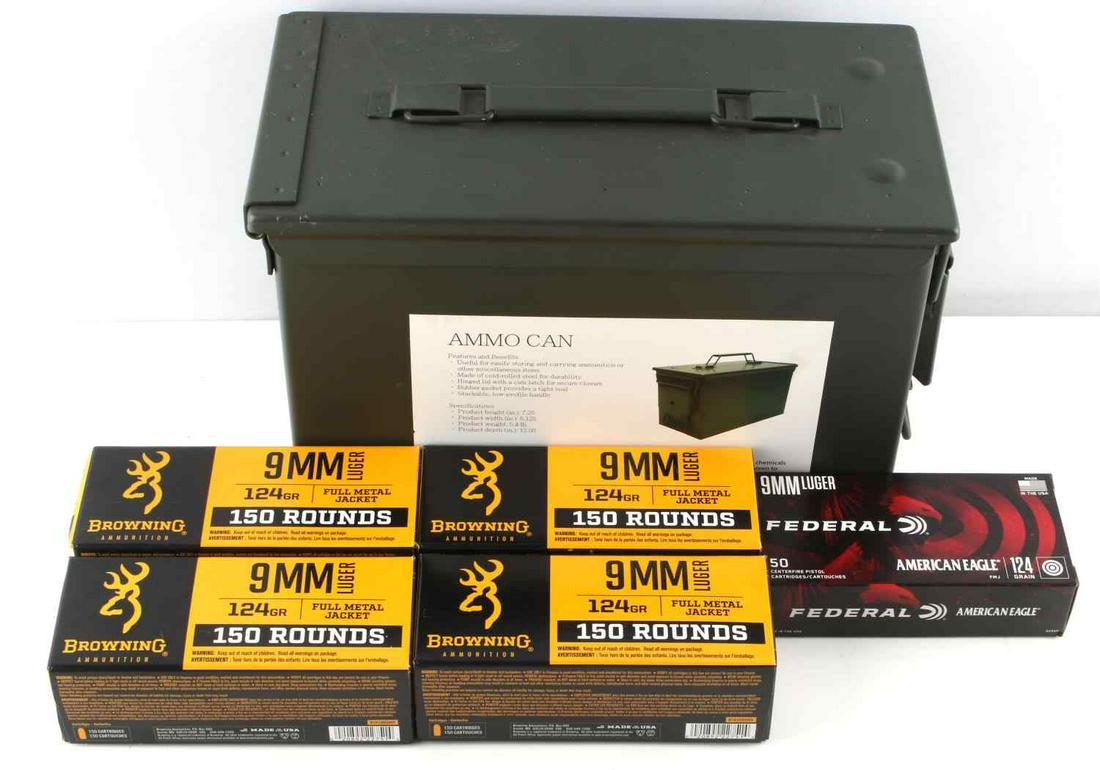 650 ROUNDS OF 9 MM LUGER AMMO BROWNING FEDERAL CAN: 600 rounds of 124 grain, full metal jacket Browning, plus a 50-rd box of Federal 124 grain centerfire pistol ammo. Comes in green ammo can.